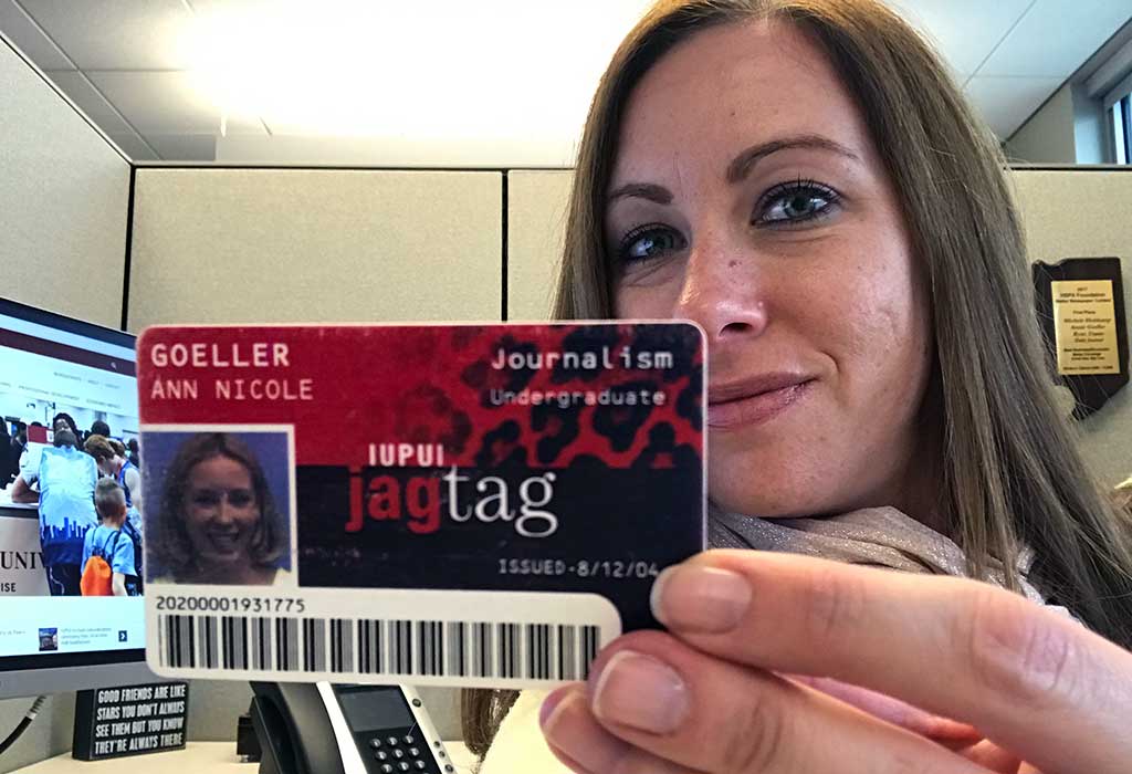 Annie Goeller holds her Jag Tag ID from when she was an IUPUI student
